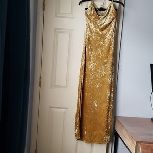 Gold cowl neck dress with slit hem